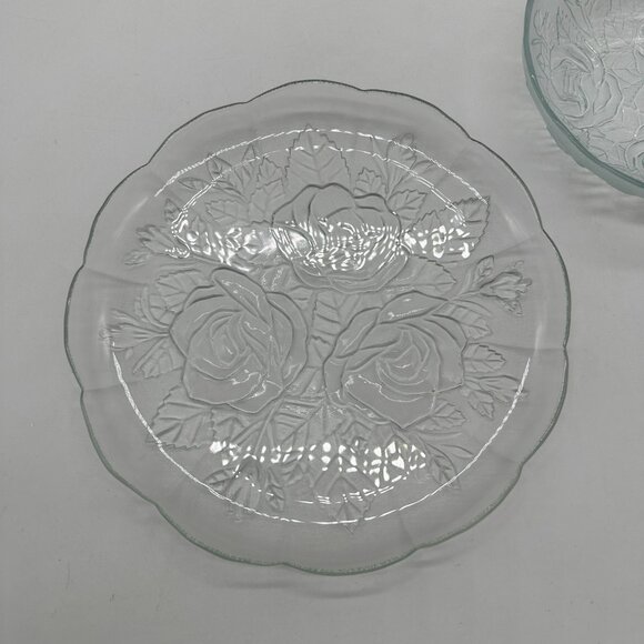 Pasari Crystal Dinner Plate & Soup Ceral Bowl Livia Set Glass Floral Rose - Picture 2 of 3